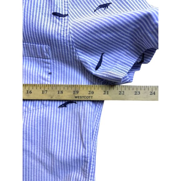 J Crew  Short Sleeve Blue‎ Striped Whale Embroidered Button Down Shirt Size Med - Picture 12 of 14